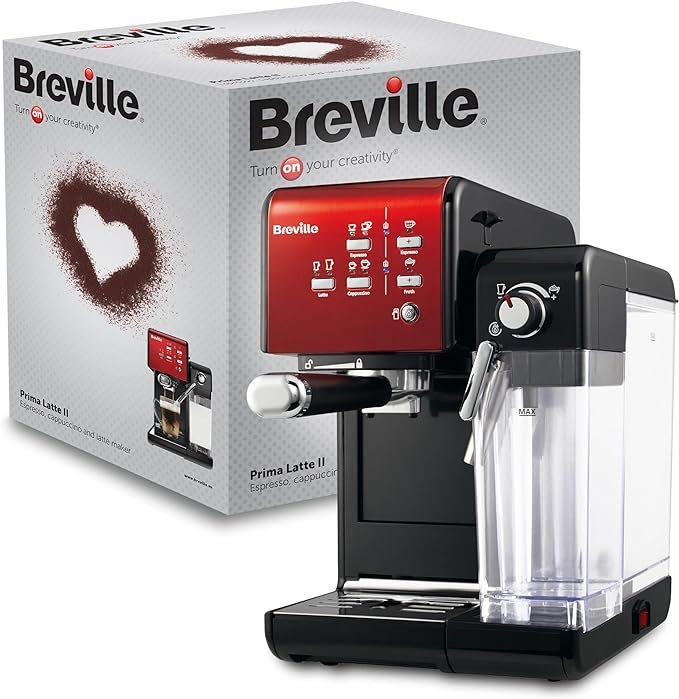 Breville PrimaLatte II con bomba italiana de 19 bares y apta para café en polvo o monodosis con espumador de leche automático integrado. Colores Negro / rojo.