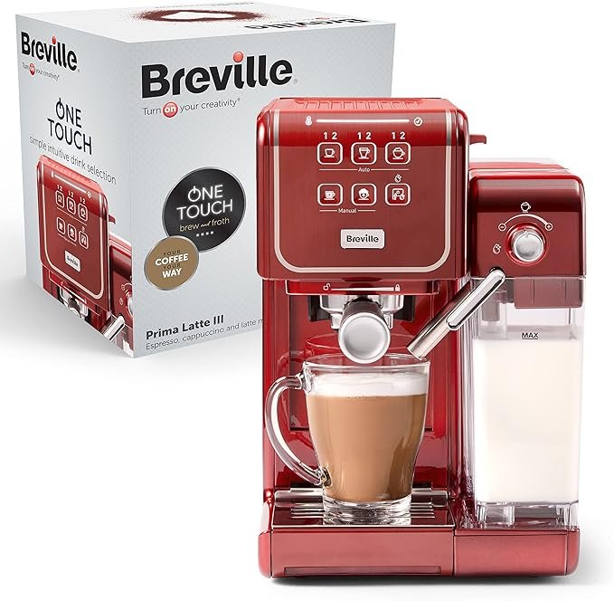 Cafetera Breville Prima Latte III con bomba italiana de 19 bares y espumador de leche automático. Compatible con monodosis. Color rojo.